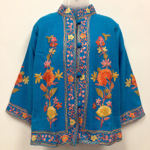 Kashmiri Embroidery Silk Jacket - Blue - Sarang