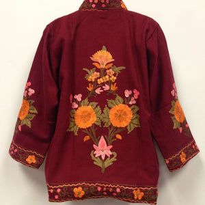 Kashmiri Embroidery Silk Jacket - Maroon - Sarang