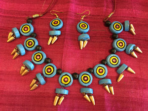Antique Handmade Terracotta Necklace Set/Indian Terracotta set/Clay Jewelry - Blue - Sarang
