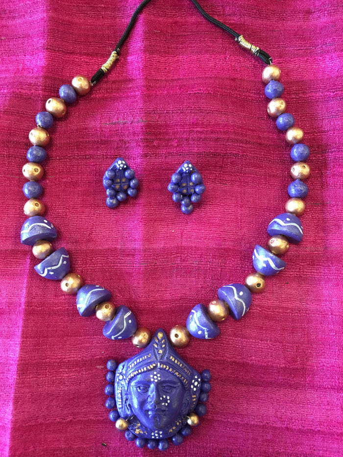 Handmade Terra Cotta Fashionable Necklace Set Jewelry - Purple & Gold