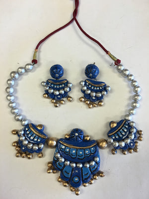 Handmade Terracotta Jewelry/ Clay Necklace Set - Blue & Silver - Sarang