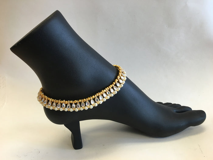 Gold Tone /Plated Anklet / Payal With Pearl & White Stone