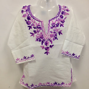 Kashmiri Embroidered Short Cotton Girls Top - White & Purple - 1
