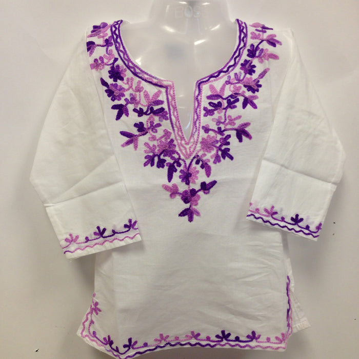Kashmiri Embroidered Short Cotton Girls Top - White & Purple