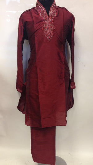 Silk Pathani Style Kurta with Salwar - Maroon - Sarang