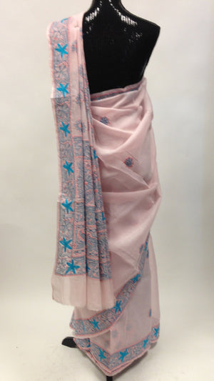 Cotton Lucknowi Saree - Light Pink - 4