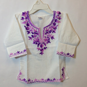 Kashmiri Embroidered Short Cotton Girls Top - White & Purple - 2