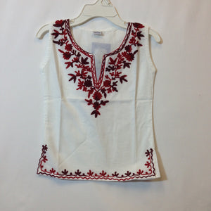 Kashmiri Embroidered Short Cotton Girls Top - White & Red - 2