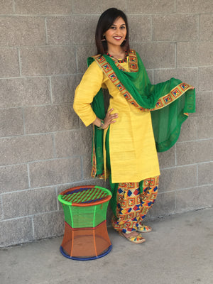 Phulkari Embroidery Suit- Green/yellow - Sarang