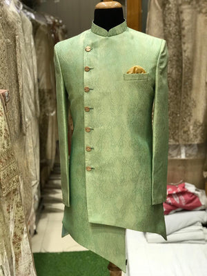 Men’s Jaquard silk sherwani- Lime Green