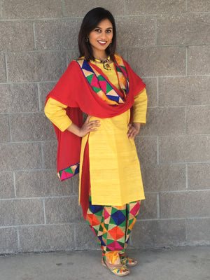 Phulkari Embroidery Suit- Red/Yellow - Sarang