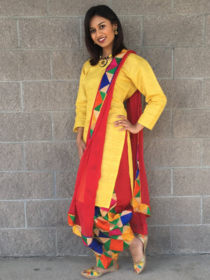 Phulkari Embroidery Suit- Red/Yellow - Sarang