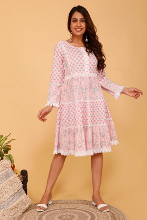 100% cotton Midi Dress with Hand Block Print-Pink