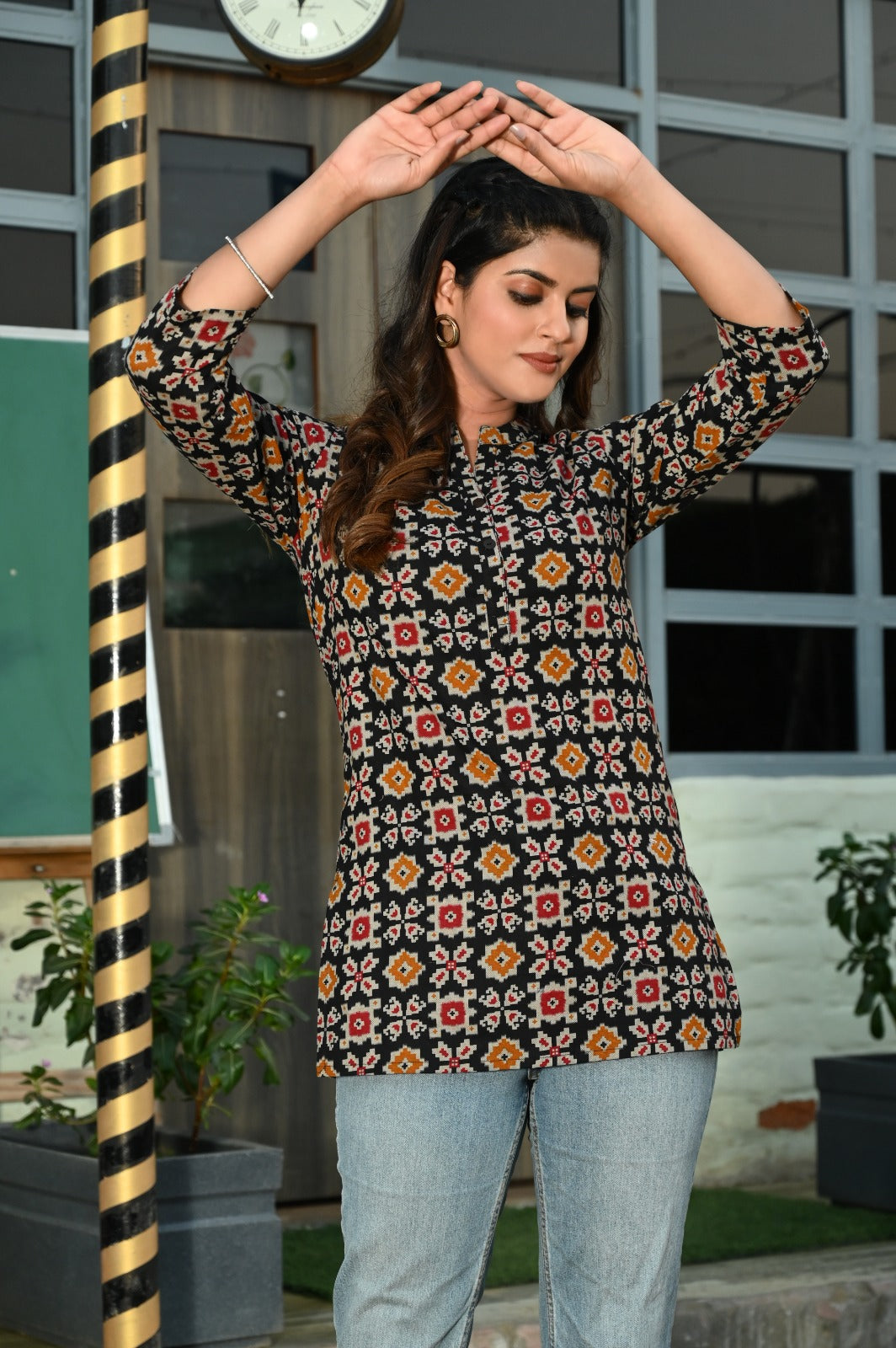 Cotton Block Print Top/Kurti- BLACK