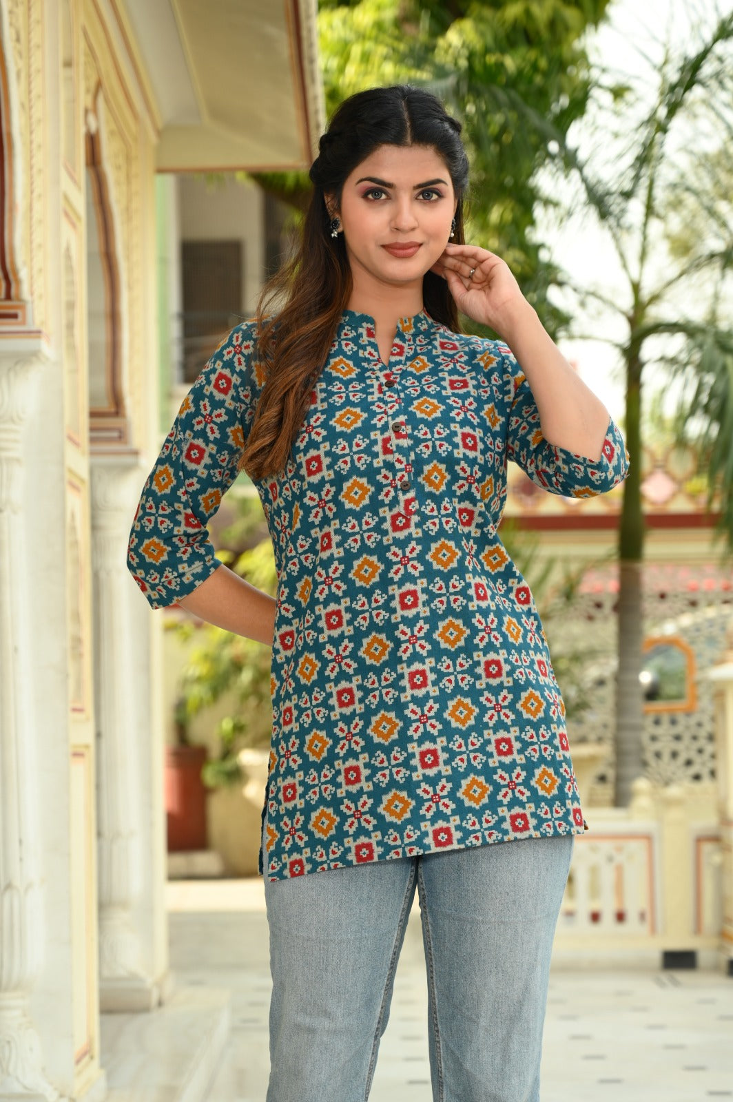 Cotton Block Print Top/Kurti- TEAL