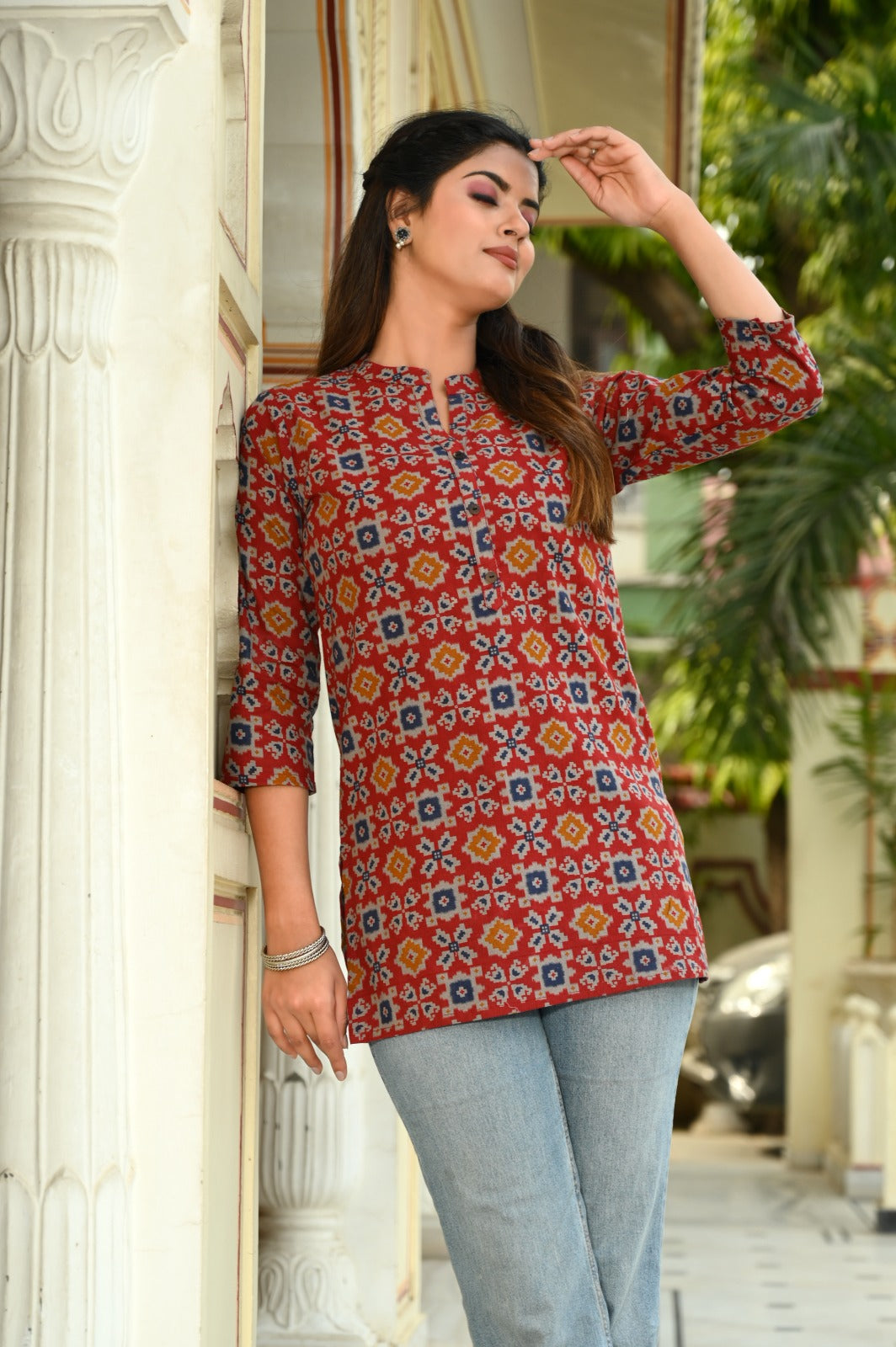 Cotton Block Print Top/Kurti- RED