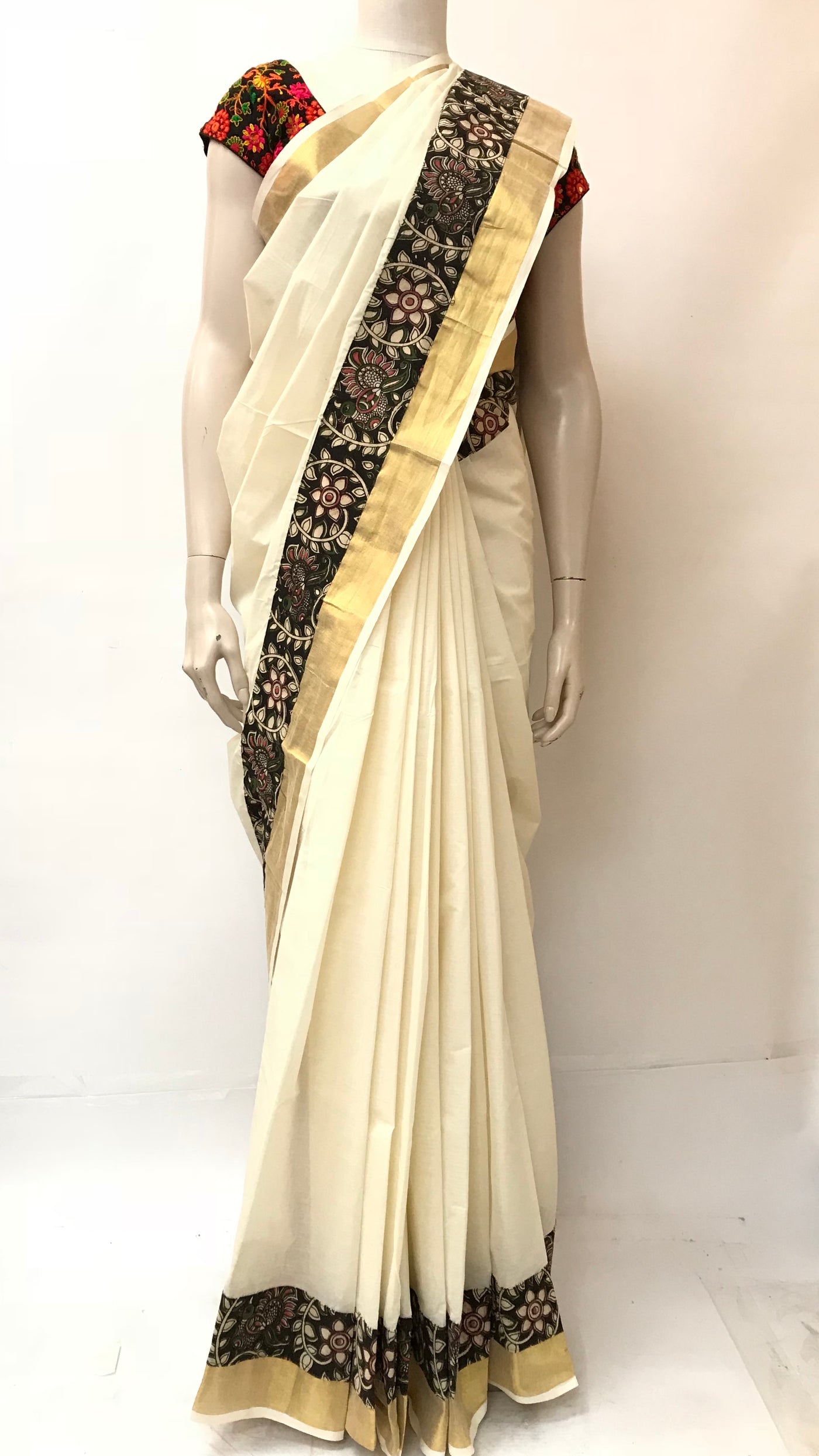 Keraleeyam Bordered Kerala Cotton Saree, 6 m (with blouse piece)