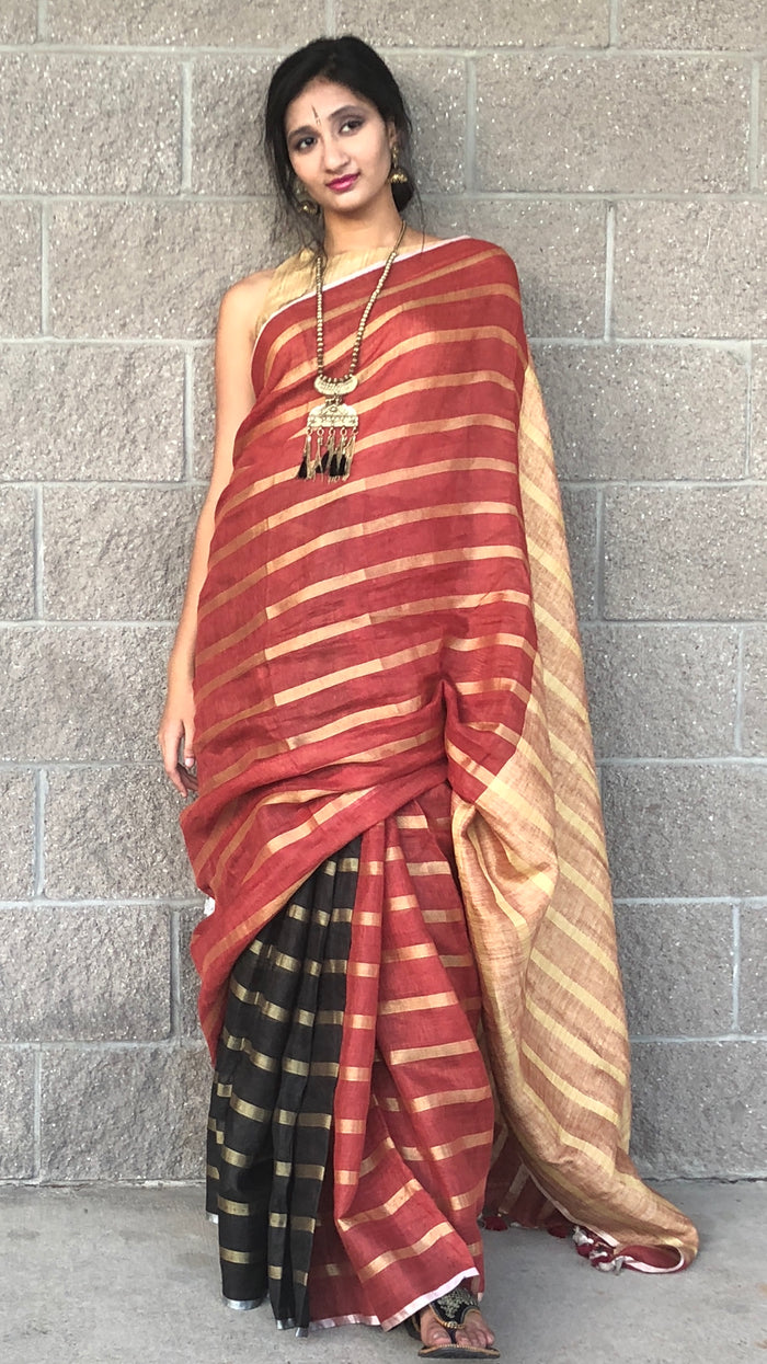 Black/Red linen Saree with Gold Zari