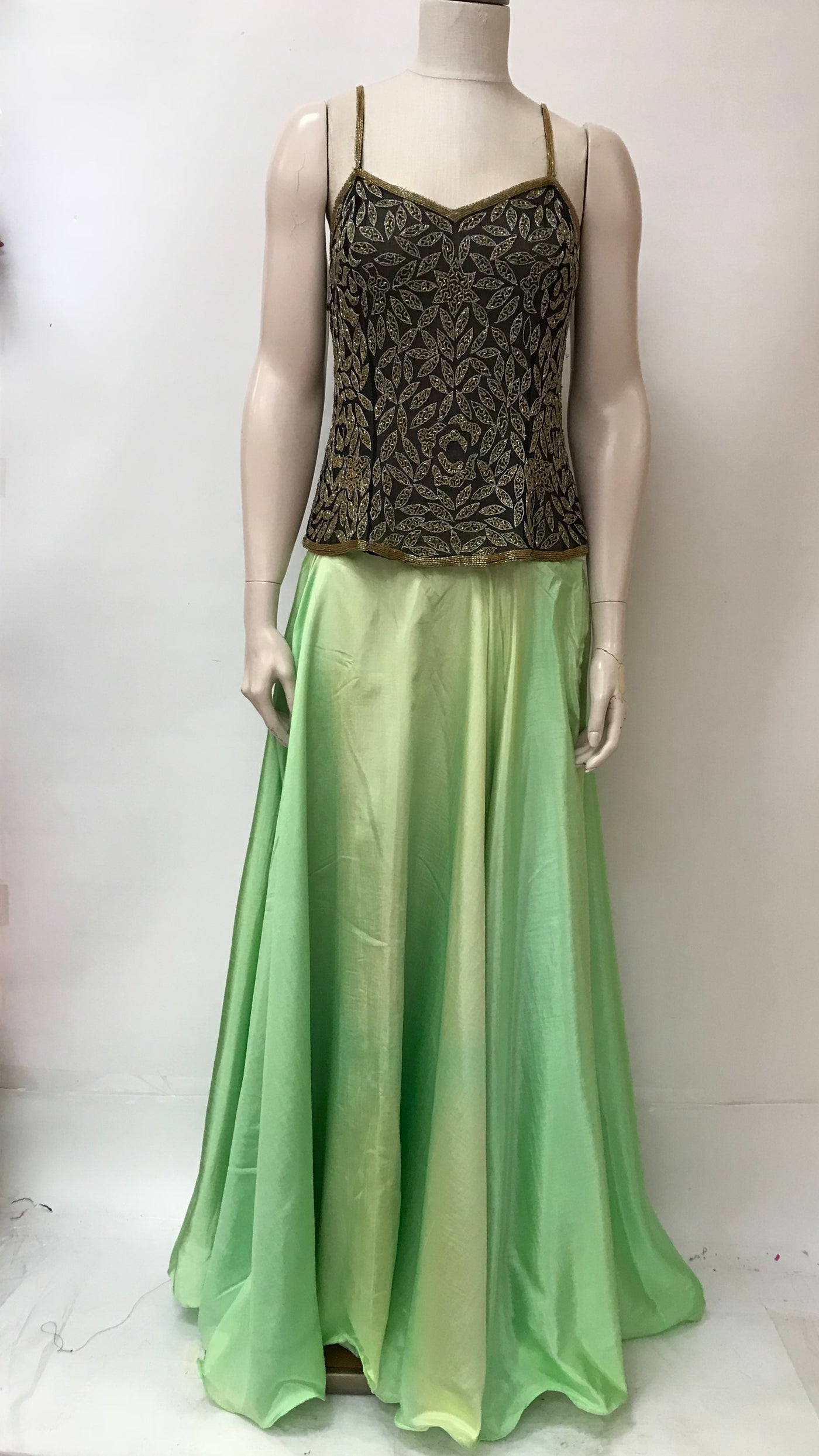 Parrot Green Colored Hand Embroidered Foil Mirror Rayon Wrinkled Crushed Long  Skirt - Aspire High - 3527469