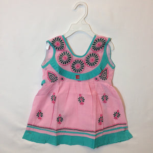 Girls Frock - Light Pink & Turquoise Green - 1