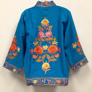 Kashmiri Embroidery Silk Jacket - Blue - Sarang