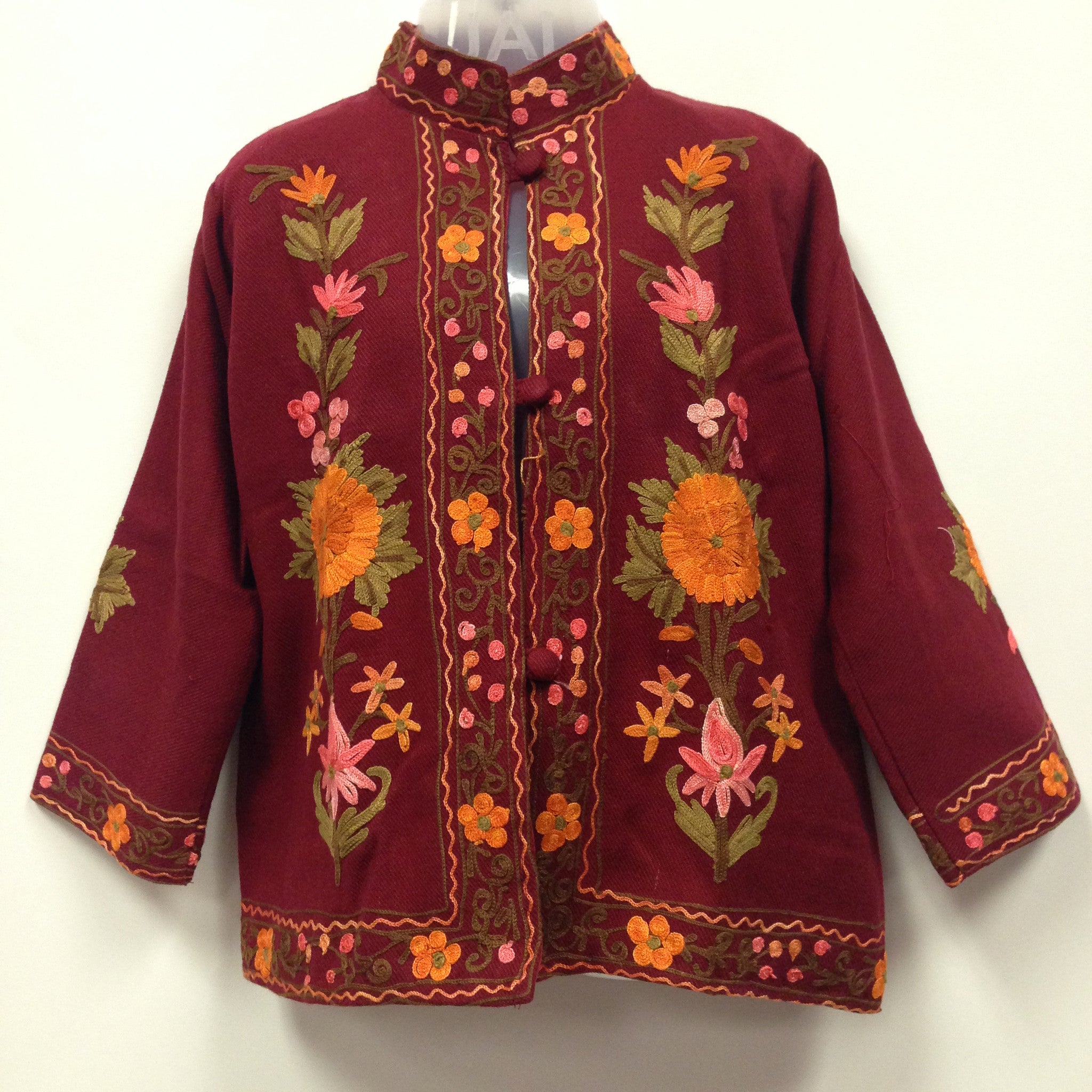 Kashmiri Embroidery Silk Jacket - Maroon - Sarang