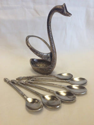 Oxidized - Handcrafted Swan Shaped Small Stand With Spoon & Fork Set - 3