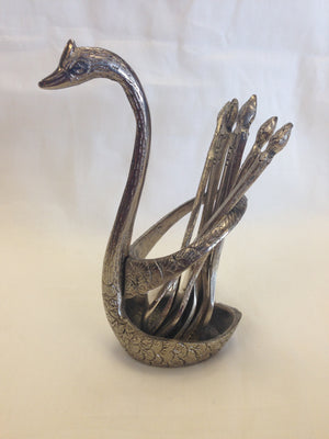 Oxidized - Handcrafted Swan Shaped Small Stand With Spoon & Fork Set - 2