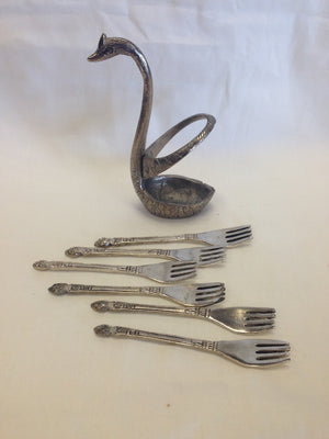 Oxidized - Handcrafted Swan Shaped Small Stand With Spoon & Fork Set - 4