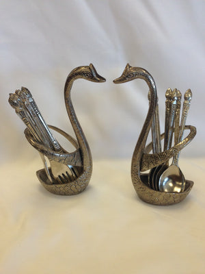 Oxidized - Handcrafted Swan Shaped Small Stand With Spoon & Fork Set - 1