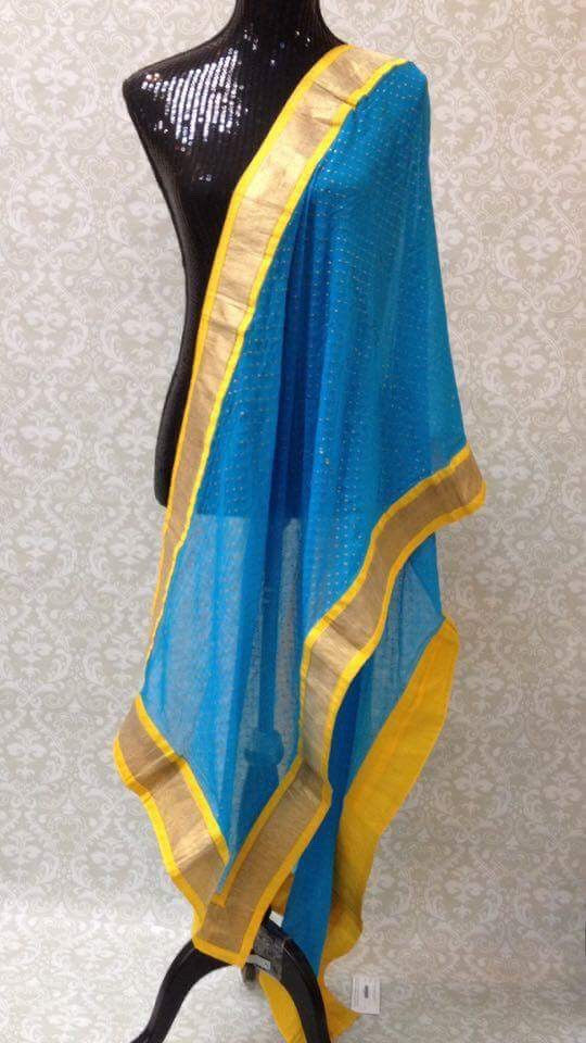 Chiffon Polka Dots Dupatta - Firozi Blue - 1