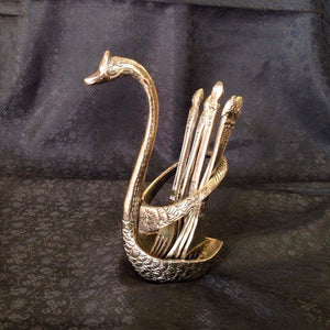 Oxidized - Handcrafted Swan Shaped Small Stand With Spoon & Fork Set - Sarang