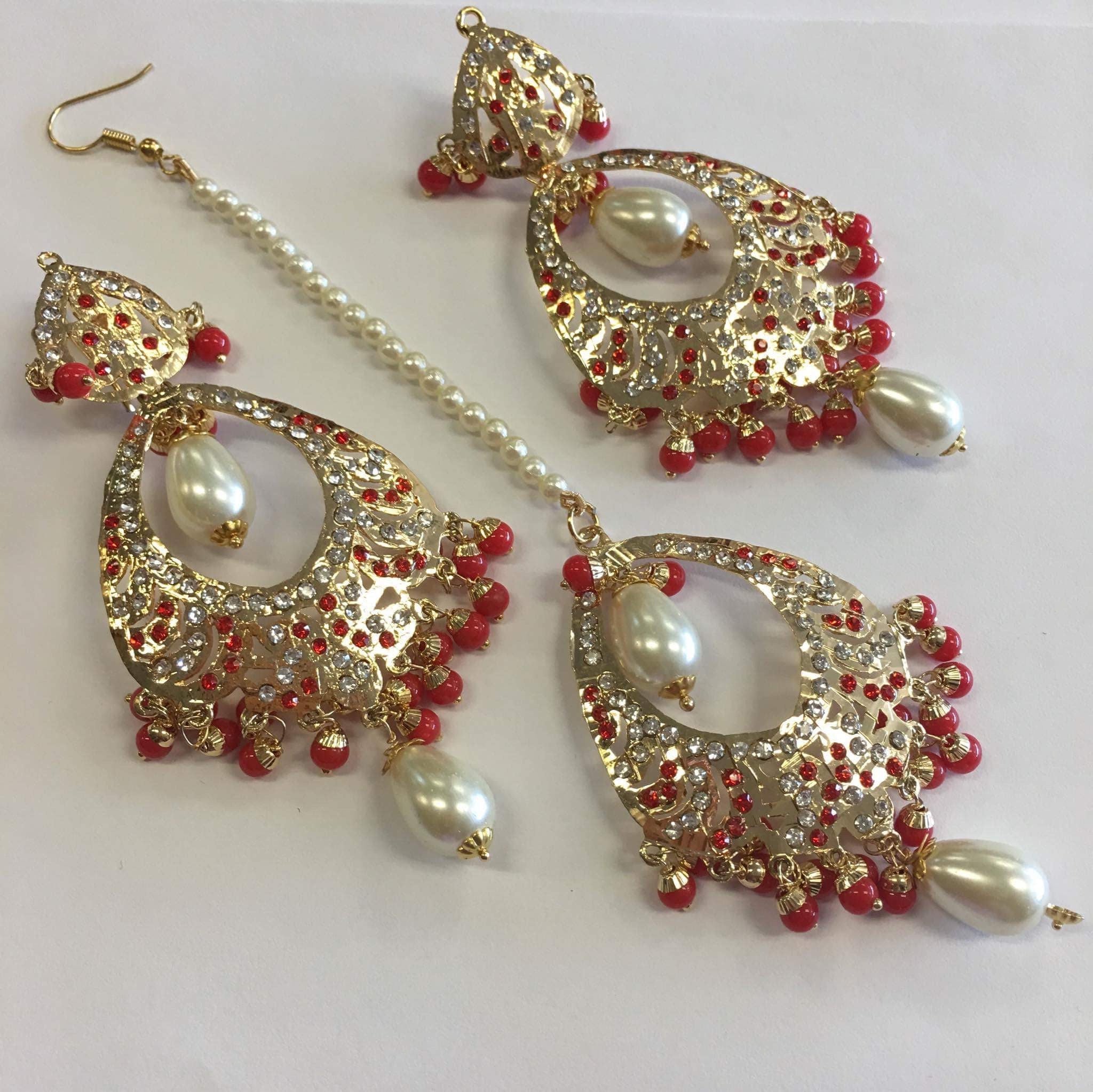 Gold Jadau Taditional Earrings Tika Set - Sarang