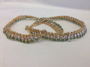 Gold Tone /Plated Anklet / Payal With White & Green Stone - Sarang