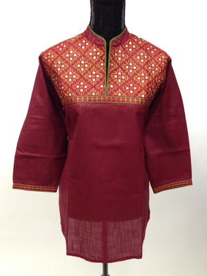 Tussar Silk Kurti with Hand Embroidery- Maroon - Sarang