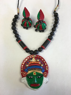 Unique Kathakali Face DesignTerracotta Necklace Set/ Clay Jewelry Set - Multi Color - Sarang