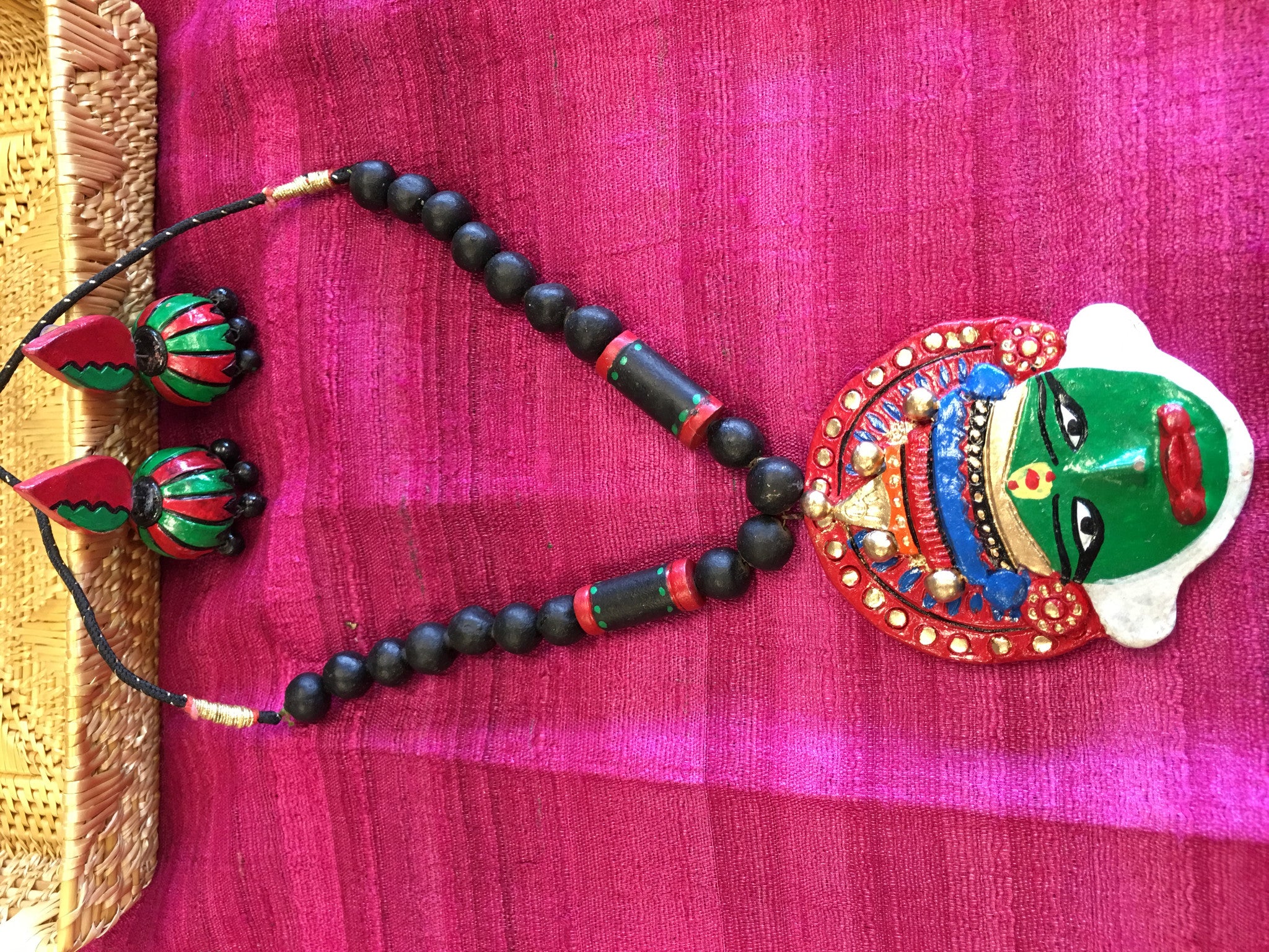 Unique Kathakali Face DesignTerracotta Necklace Set/ Clay Jewelry Set - Multi Color - Sarang