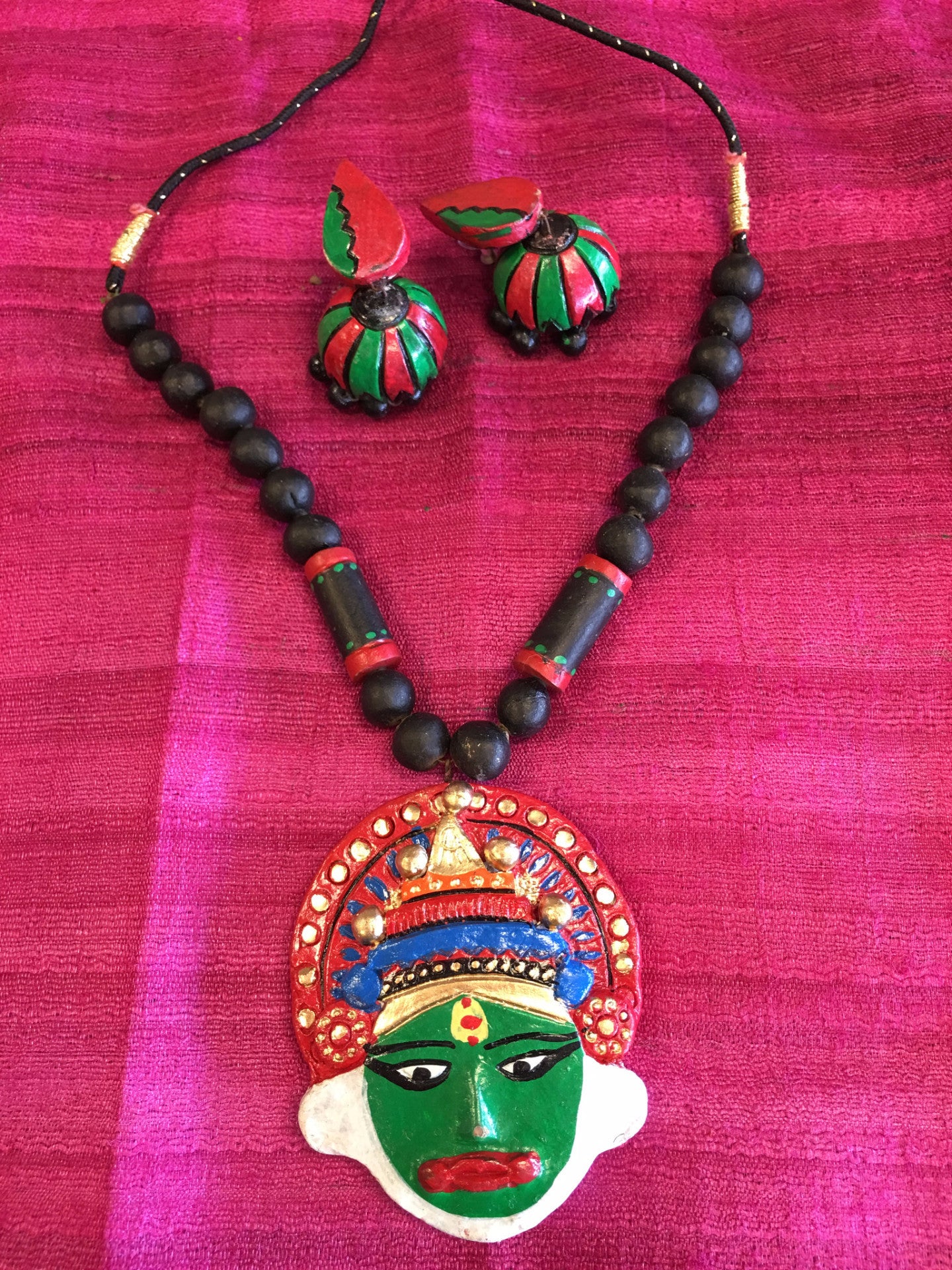 Unique Kathakali Face DesignTerracotta Necklace Set/ Clay Jewelry Set - Multi Color - Sarang