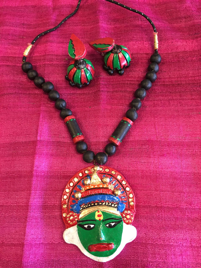 Handmade Terra Cotta Fashionable Necklace Set, Unique Kathakali Face - Multi Color