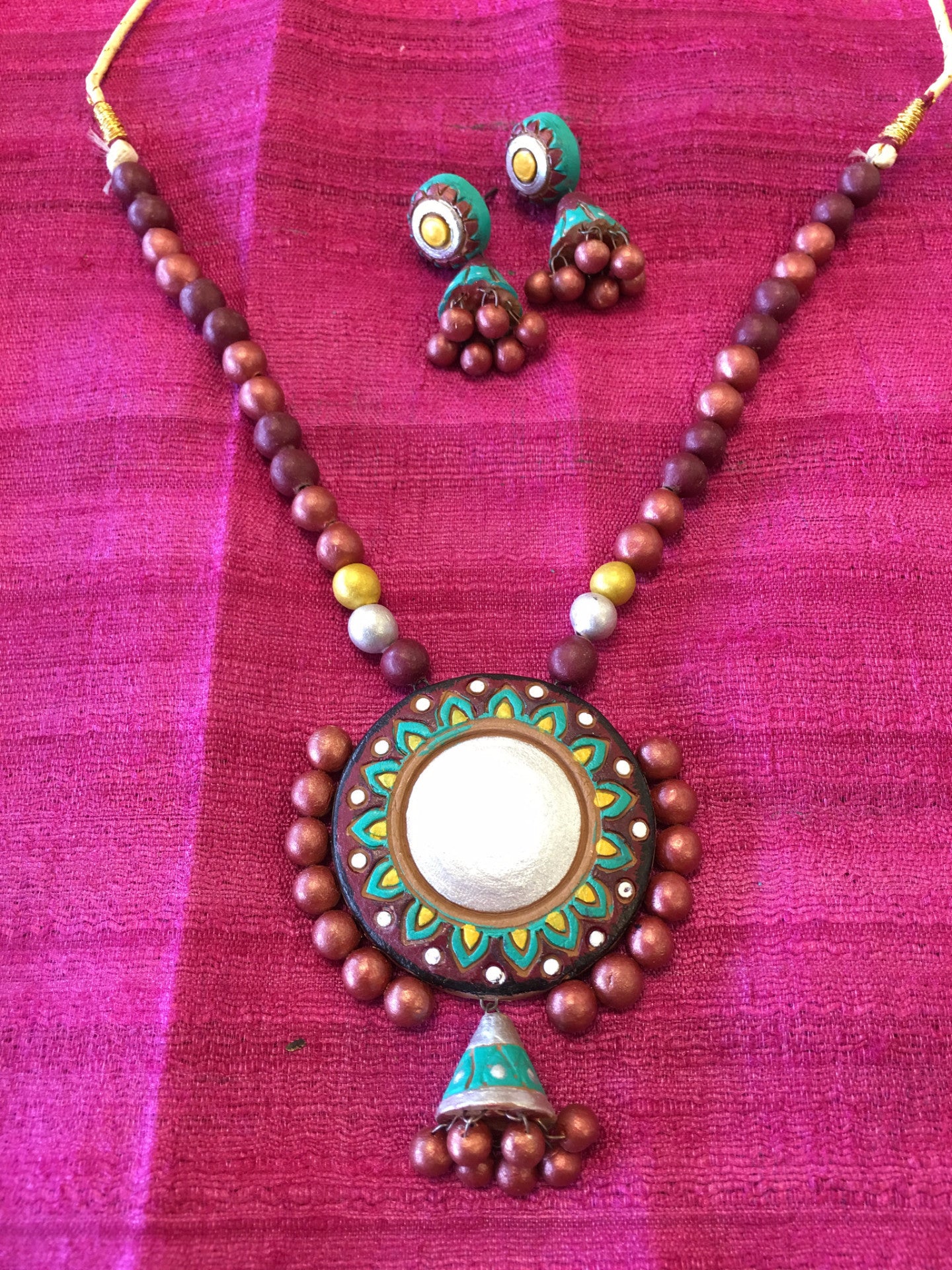 Terracotta Necklace Set/ Clay Indian Jewelry - Multi Color - Sarang