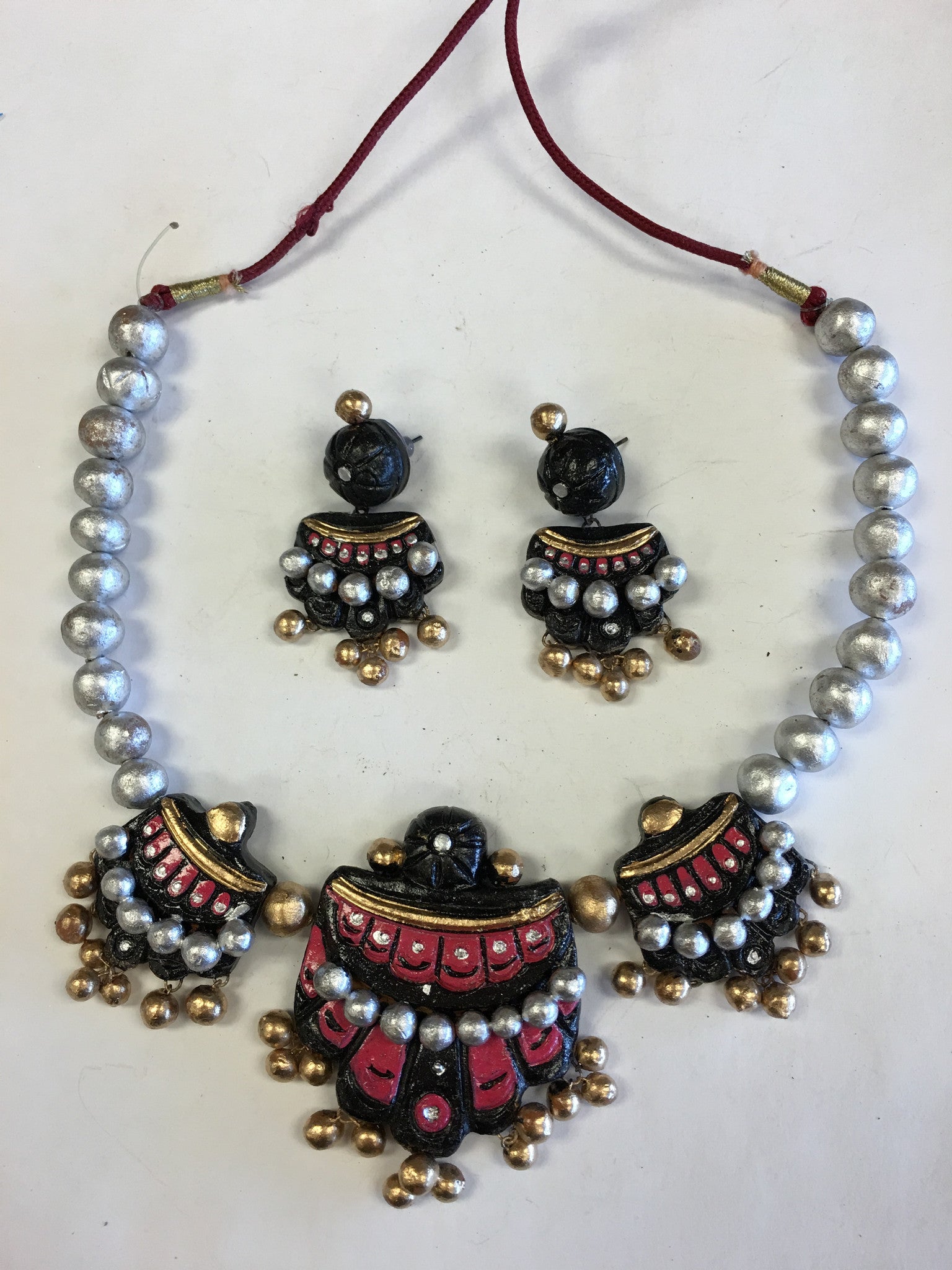 Clay Necklace Set,Handmade Terracotta Jewelry - Black & Silver, Blue - Sarang