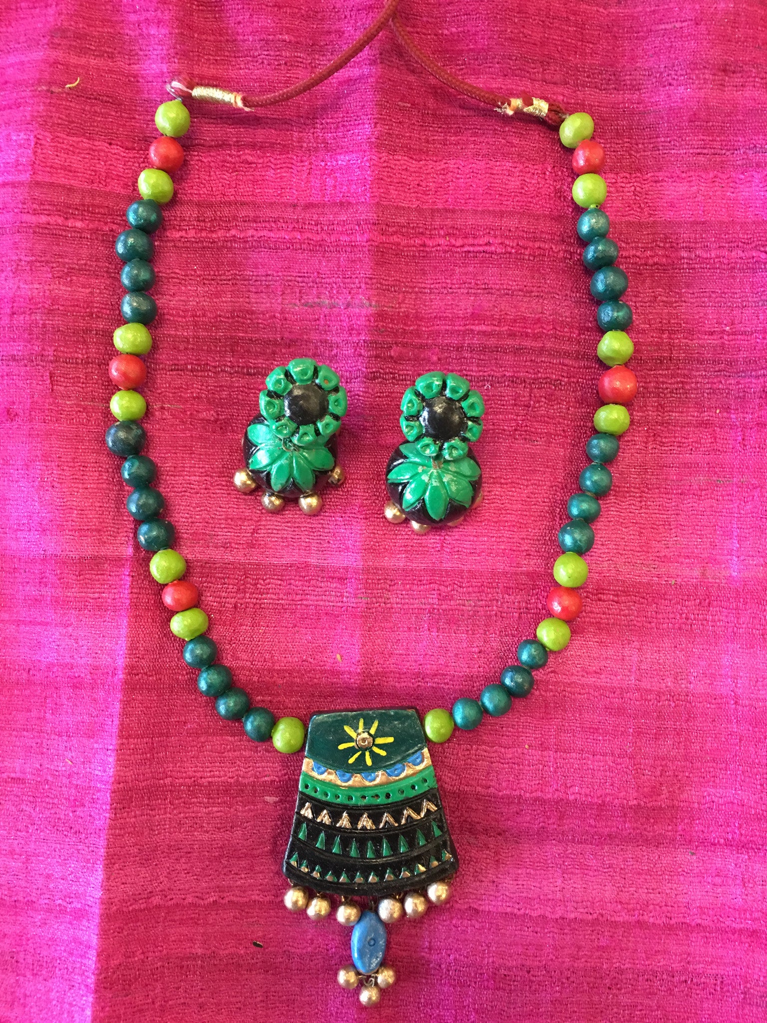 Ethnic Handmade Terracotta Jewelry, Clay Necklace Set - Green & Black - Sarang