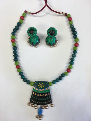 Ethnic Handmade Terracotta Jewelry, Clay Necklace Set - Green & Black - Sarang