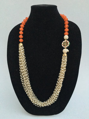 Rajasthani pedant and bead Necklace - Orange - 1