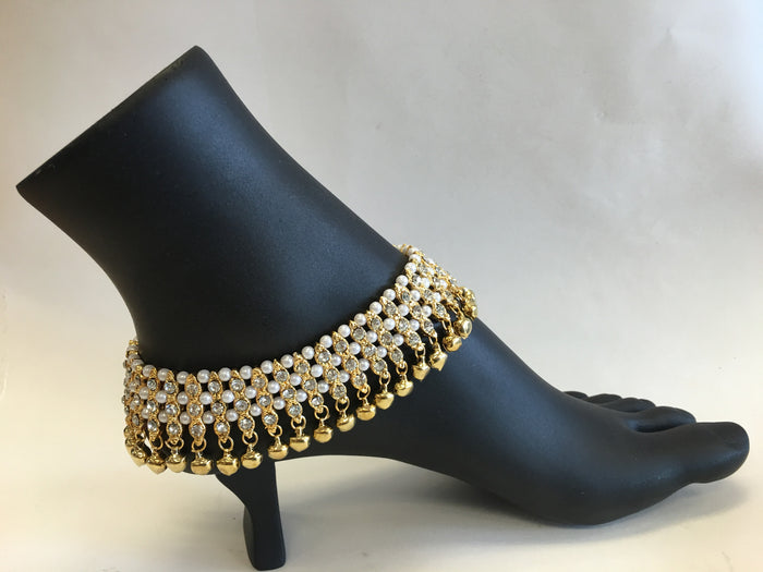 Bollywood style traditional stone and pearl anklets with ghungroos