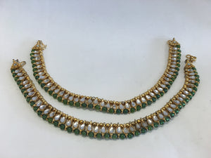 Gold Tone /Plated Anklet / Payal With White & Green Stone - Sarang