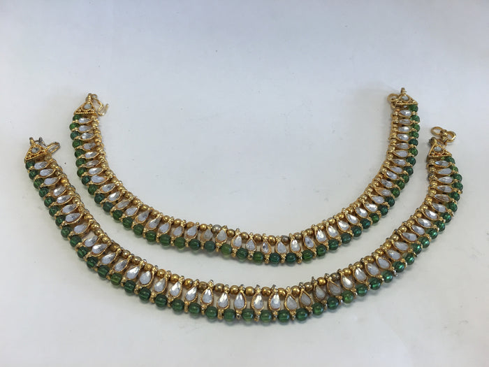 Gold Tone /Plated Anklet / Payal With White & Green Stone