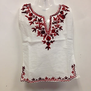 Kashmiri Embroidered Short Cotton Girls Top - White & Red - 1