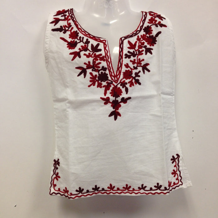 Kashmiri Embroidered Short Cotton Girls Top - White & Red