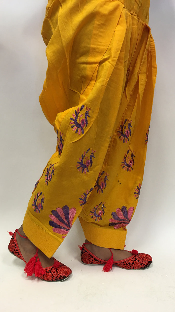 Patiala with purple embroidery - Yellow
